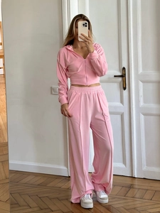 Vêtements En Velours Pour Femmes Sweat À Capuche Court Zippé Et Pantalon Large Tenue De Détente Décontractée