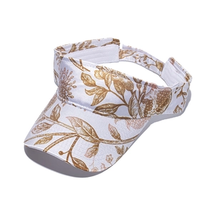 Detail of floral print on white sun visor hat with adjustable strap for women