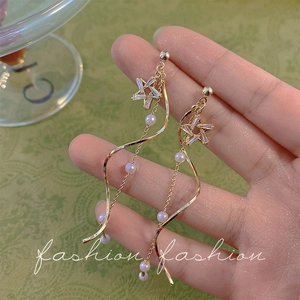 S925 silver star and pearl tassel earrings with gold dangling spiral lines and zircons