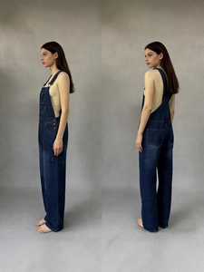 Women's casual loose denim overalls in dark blue featuring a classic cargo style design