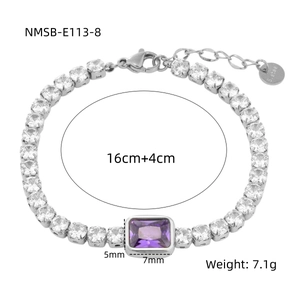 Detailed view of silver titanium steel bracelet with purple rectangular zircon and extension chain