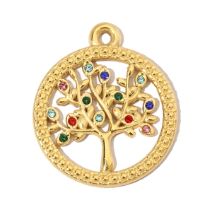 Close-up of golden tree of life pendant with colorful rhinestones and hollow design
