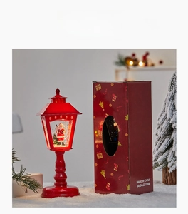 Detailed view of red Christmas lantern with Santa model and product size 84x84x221MM
