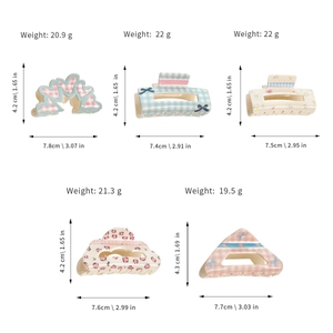 Floral and checkered acrylic bow hair clips in multiple patterns with size measurements