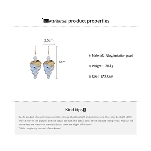 Detail view of pearl grape drop earrings with alloy leaves and size measurements