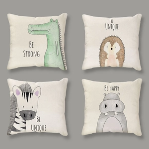 Set of four cute cartoon animal linen pillow covers with inspiring English quotes