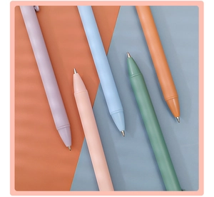 Close-up of five matte pastel retractable gel pens with metal tips on geometric background