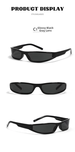 Detailed views of Y2K futuristic narrow frame sunglasses with CE mark and lens specs