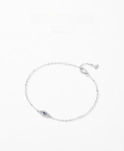 Detailed close-up of S925 sterling silver evil eye bracelet with lobster clasp and heart charm