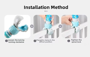 Three-step installation guide for the adjustable baby crib toy clamp with screw lock