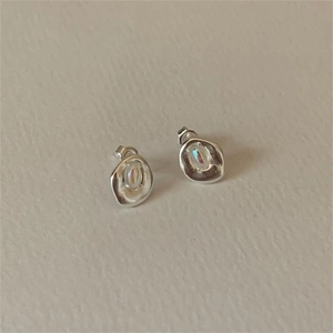 Minimalist 925 sterling silver stud earrings with iridescent oval opal stones