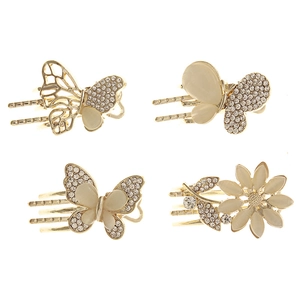 Elegant 4-piece golden hair clip set with butterfly motifs, rhinestones and opal stones