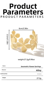 Close-up of golden geometric flower cuff bracelet with detailed dimensions and weight info