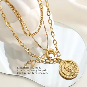 Layered Necklace Lion Medallion Crescent Moon Pendant Titanium Stainless Steel 18K Gold Plated Retro Hip Hop Jewelry