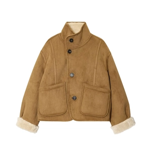 Damen Wildlederjacke Mit Lammwollimitat Stehkragen Kurzmantel Mit Taschen Vintage Streetwear