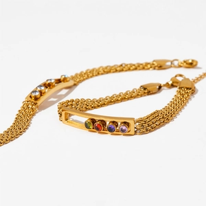 Bracciale intrecciato in acciaio inossidabile dorato con zirconi colorati vivaci