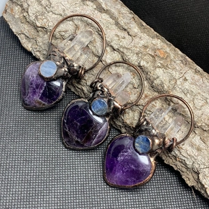 Vintage amethyst heart and clear quartz point pendant necklace in antique bronze wrapping