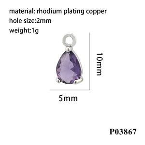 Macro view of a 10x5mm purple teardrop zircon pendant in rhodium plating copper for DIY crafts