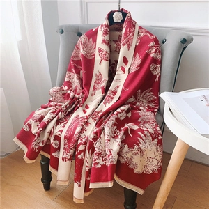 Écharpe Châle Élégant pour Femme en Imitation Cachemire Motif Botanique Toile De Jouy Français Chaud Hiver Jacquard avec Franges