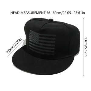 Detailed view showing specific dimensions of black hip-hop cap with US flag print