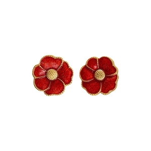 Vintage style red flower earrings with gold edges in high-end enamel craftsmanship