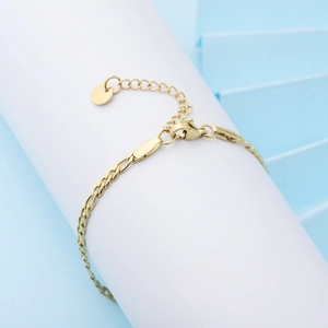 Detail of gold plated stainless steel Figaro chain bracelet with lobster clasp and tag