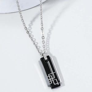 Men Necklace Stainless Steel Alloy Geometric Rectangle Pendant Double Layered Black Silver Minimalist Style Jewelry