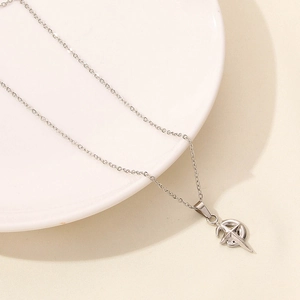 Close-up of silver stainless steel necklace with a compass star pendant on a white plate