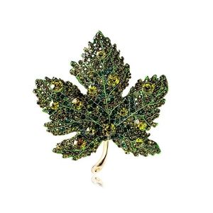 Elegant maple leaf brooch with full crystal rhinestones in green and amber gold tones