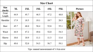 Size chart for plus size floral nightgown from XL to 5XL with detailed inch measurements