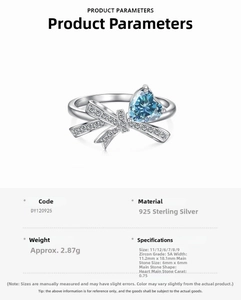 Detailed S925 sterling silver ring specifications with blue heart zircon bow design
