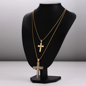 Gold stainless steel layered necklaces with cross and two-tone engraved pendants