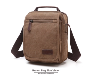 Detail of coffee brown canvas crossbody bag with multiple zippers and leather patch