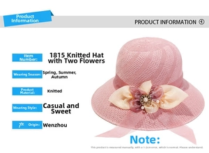 Pink knit cloche hat with ivory satin flower, pearls and metallic trim detail