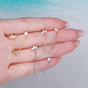 Three-color geometric chain ear studs with marquise zircon stones in gold, silver, and rose gold