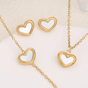 Heart Necklace Bracelet Stud Earrings Stainless Steel White Mother Of Artificial Pearl Shell Inlay Elegant Sweet Jewelry For Women