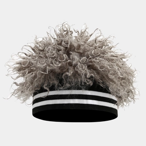 Detailed view of grey afro wig hair texture with black and white striped elastic headband