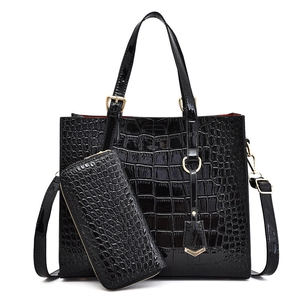 Elegant black crocodile pattern handbag set for women with tote bag and matching wallet