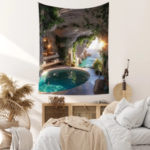 Detail of bohemian tapestry featuring a fantasy cave pool scene in a modern bedroom