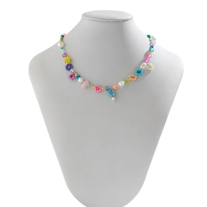 Handmade colorful beaded flower choker necklace with white pearl accents for women