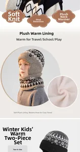 Detailed view of kids winter knit hat and scarf set with thick white fleece lining