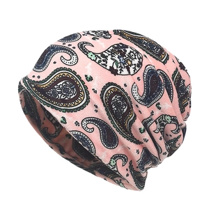 Pink paisley velvet slouchy beanie hat for men and women with colorful floral patterns