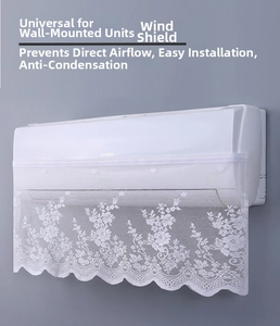 Macro detail of white lace air conditioner cover with delicate floral embroidery