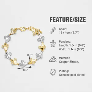 Size guide for gold plated bee bracelet showing chain length and zircon pendant dimensions
