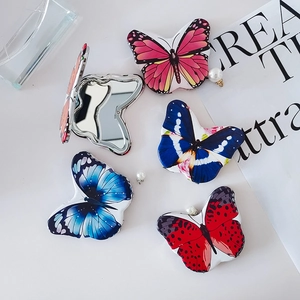 Portable butterfly shaped folding makeup mirrors in four colors with pearl pendant