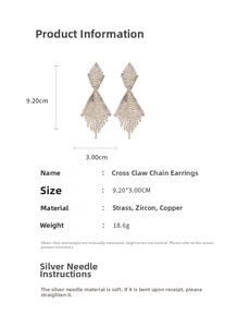 Detailed size specifications for gold tassel earrings with rhinestones and silver needles