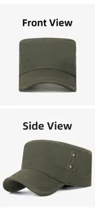 Front and side views of a dark army green cotton cadet cap with metal rivet details