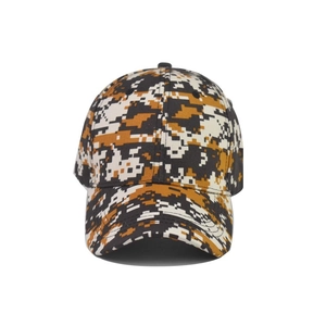 Front view detail of digital pixel camouflage baseball cap with durable canvas texture