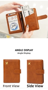 Detail view of brown RFID leather passport holder showing card slots and SIM storage