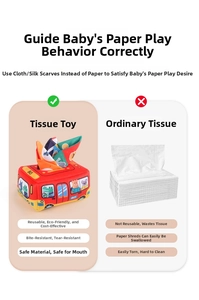 Detail of red bus fabric tissue box toy with colorful washable soft cloth inserts